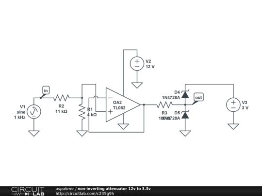 non-inverting attenuator 12v to 3.3v - CircuitLab