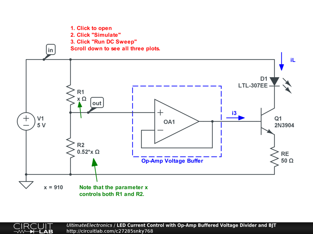 LED Current Control with Op-Amp Buffered Voltage Divider and BJT