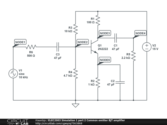 ELEC2003 Simulation 1 part 2 Common emitter BJT amplifier - CircuitLab