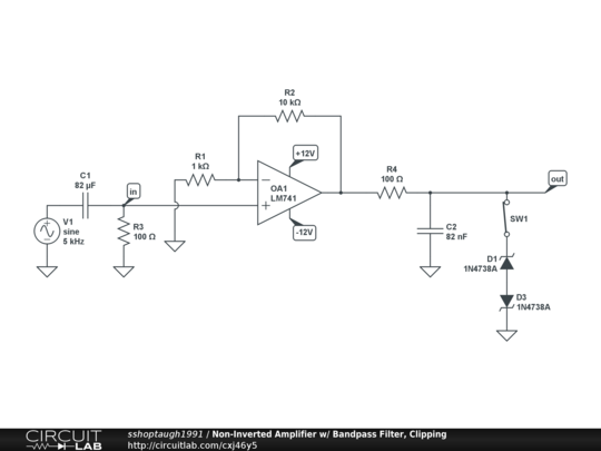 Non-Inverted Amplifier w/ Bandpass Filter, Clipping - CircuitLab